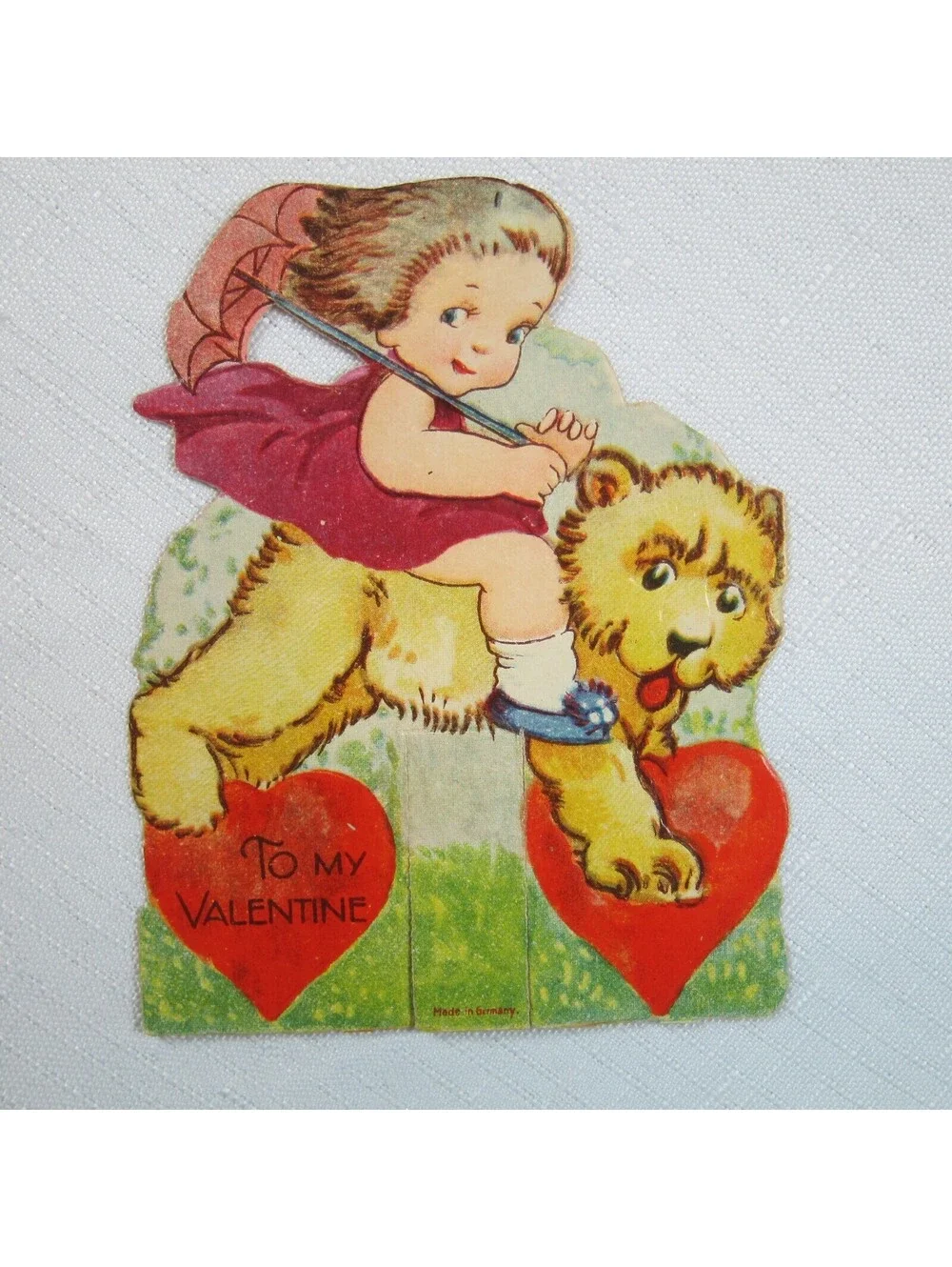 Vintage Valentine Die Cut Stand Up Girl w/ Umbrella Rides Bear Germany 1920s-30s